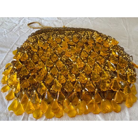 Vtg Richere Bag by Walborg Dangle Beads Sequins Yellow Gold Purse Evening Bag - Picture 3 of 10